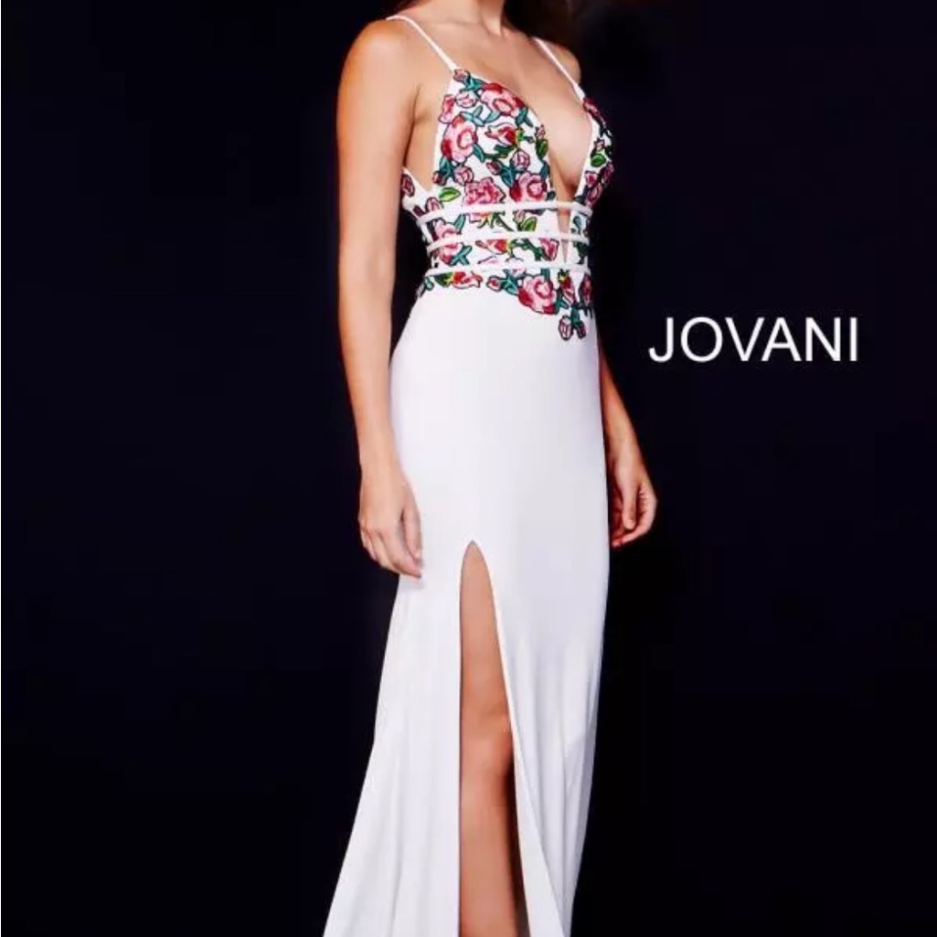 Jovani White Gown With Multicolor Floral Embroidery